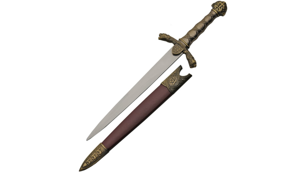 China Made Renaissance Dagger, 15.5in Overall, 9in Satin Unsharpened SS Dagger Blade, Brass Handle, Brass Guard, Brown Synthetic Scabbard, 211439