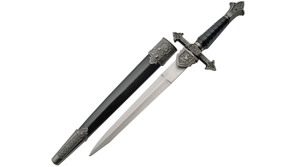 China Made Royal English Dagger, Royal English Dagger, 12.5in Overall, 8in Satin SS Dagger Blade, Black Sculpted Plastic Handle, Cast Metal Guard And Pommel, Black Plastic Scabbard, Black, 211349