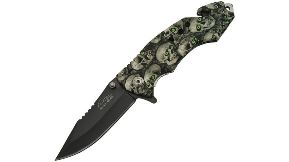 China Made Skull Eyes Linerlock A/O Folding Knife, 3.75 black finish stainless blade, Synthetic handle, 300354