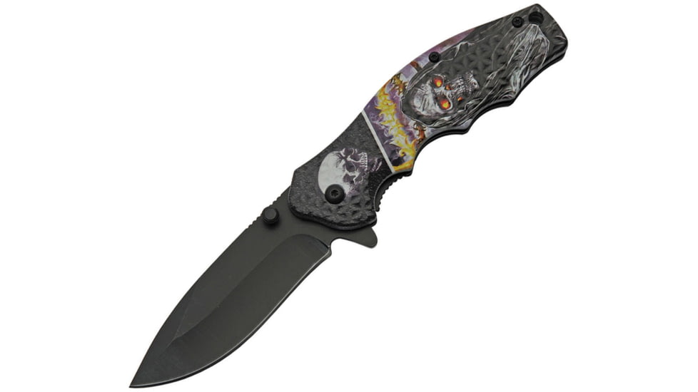 China Made Skull Linerlock A/O Folding Knife, 3.25 black finish stainless blade, Night watch skull handle artwork, Black plastic ha, 300502-NW