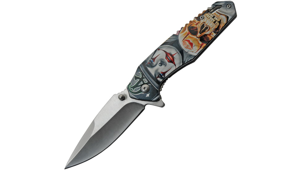 China Made Skull Linerlock Folding Knife, 3 satin finish 420 stainless blade, Aluminum handle, 300518