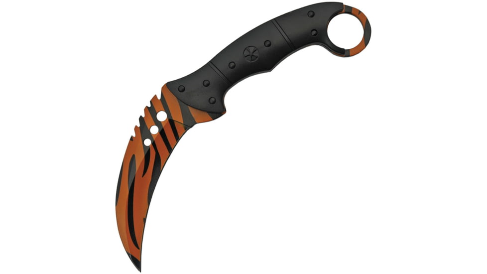 China Made Tiger Print Karambit Knife, 4.25 Tiger Stripe camo finish stainless karambit , Black ABS handle, 211462
