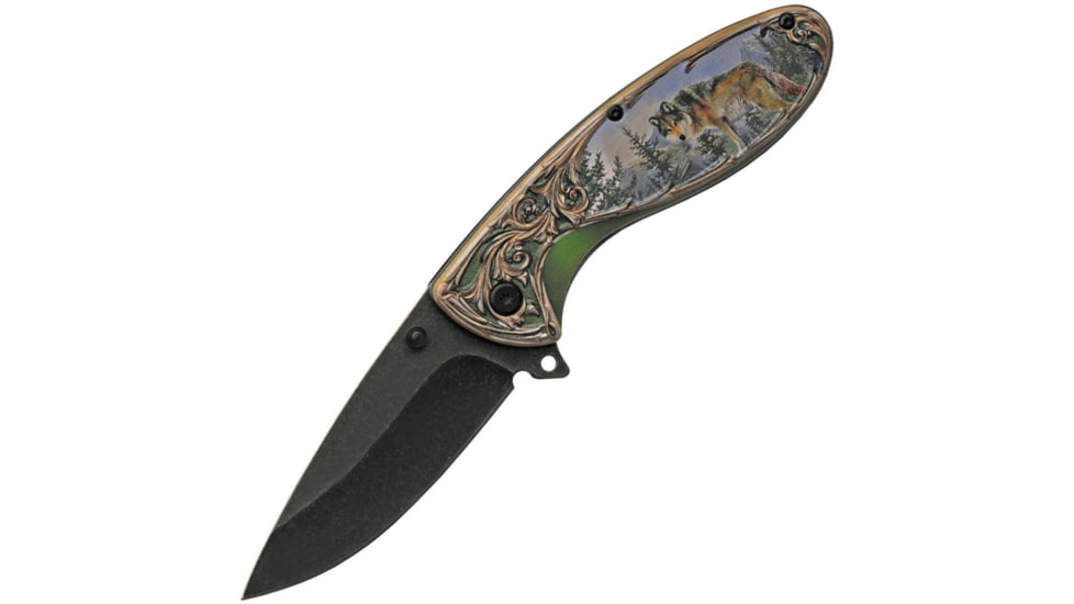 China Made Wildlife Linerlock Wolf Folding Knife, 3 black stonewash finish stainless blade, ABS handle, 300508-WF