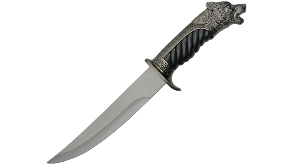 China Made Wolf Pack Dagger Knife, 7.38 satin finish stainless blade, Black synthetic and pewter handle with wolf shaped, 211471-WSL