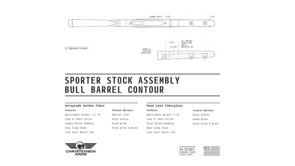 Christensen Arms Ridgeline Sporter Fiberglass Rifle Stock, Carbon Fiber Right Hand Channel, Black/Gray, Short Action CA11142-1-2-1-12