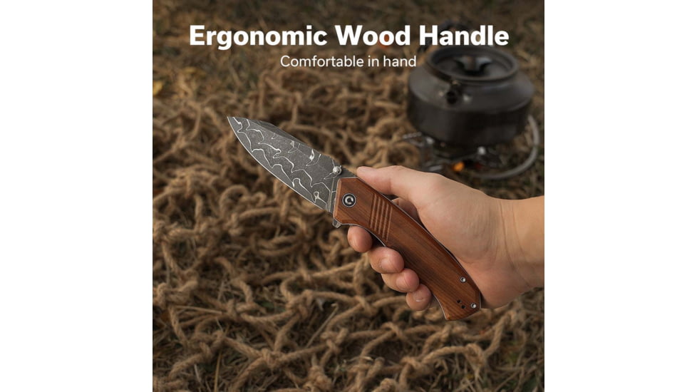 CIVIVI Placoid Flipper &amp; Thumb Stud Knife Guibourtia Wood Handle 3.67inch Damascus Blade C23079-ds1