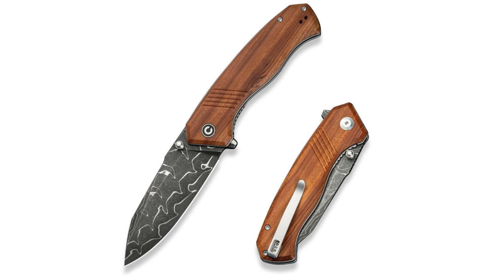 CIVIVI Placoid Flipper &amp; Thumb Stud Knife Guibourtia Wood Handle 3.67inch Damascus Blade C23079-ds1