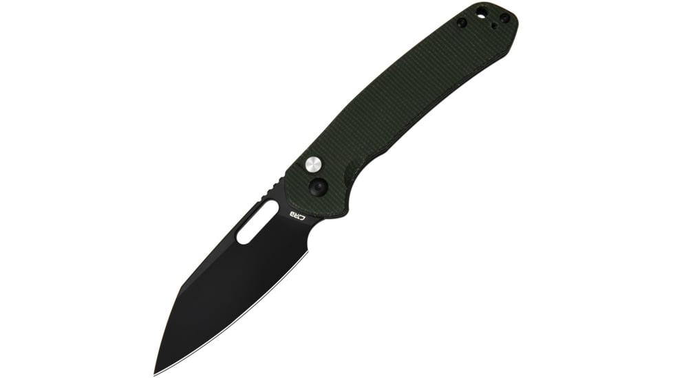 CJRB Pyrite PVD Green Micarta Folding Knife, 4.25in Closed, 3.13in Black PVD AR-RPM9 Wharncliffe Blade, Green Canvas Micarta Handle, Nylon Case, J1925A-BMGN