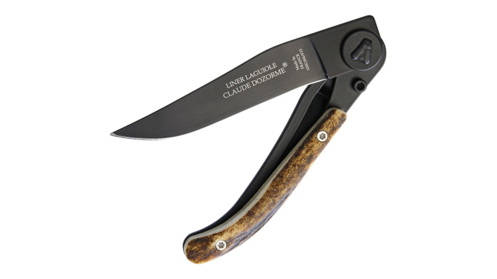 Claude Dozorme Laguiole Framelock Stag Folding Knife, 3.5in Black X50Crmov15 SS Clip Point Blade, Stag Bone Handle,, 1.60.142.79N