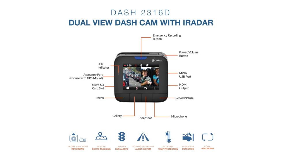 Cobra Dual View Dash 2316D Camera with iRadar, Black DASH2316D