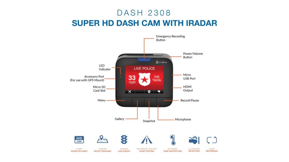 Cobra Super HD Dash 2308 Camera with iRadar, Black DASH2308