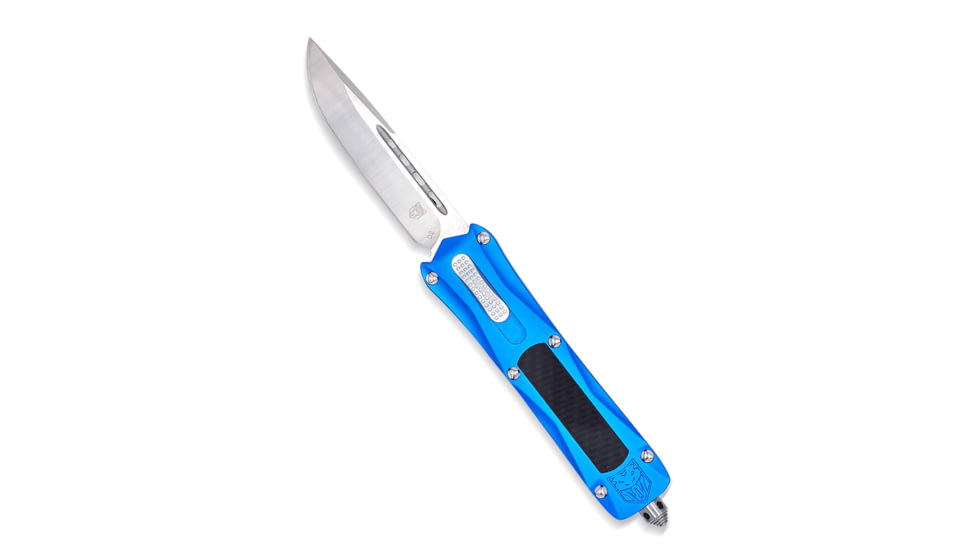 CobraTec Knives Queen Cobra Automatic Folding Knife, 3.13in, D2 Steel Blade, Drop Point Plain Blade, Blue Aluminum Handle w/Carbon Fiber Inlay, BLUQKCDNS