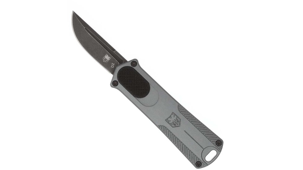 CobraTec Knives California 952 OTF Automatic Folding Knife, 1.75in, Stonewashed D2 Steel, Non-Serrated Drop Blade, Grey, CALI952GRYDNS