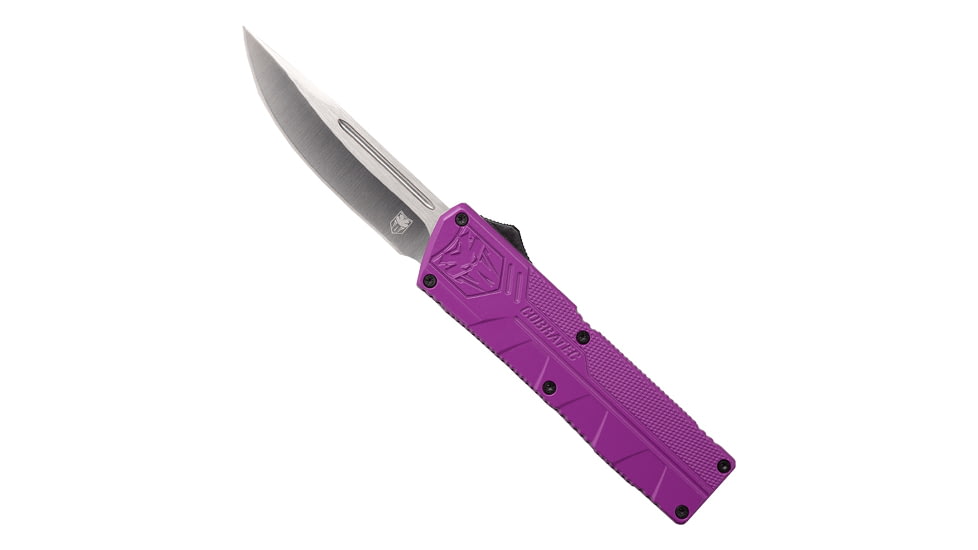 CobraTec Knives Lightweight OTF Knife, 3.25in, D2 Steel, Drop Not Serrated, Purple Handle, PURCTLWDNS