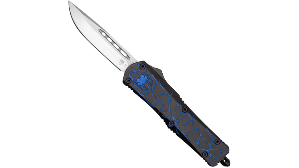 CobraTec Knives Medium FS-3 Fractured Automatic Folding Knife, 3in, D2, Drop Point, Aluminum Black/Blue Handle, MFRTBLKBLUDNS
