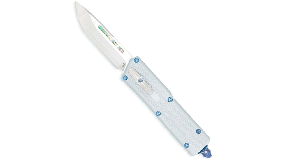 CobraTec Knives Special Edition Abalone OTF Knife, 3.25in, Inlayed Abalone D2 Steel, Drop Point Blade, Abalone Aluminum Handle, SILABADNS