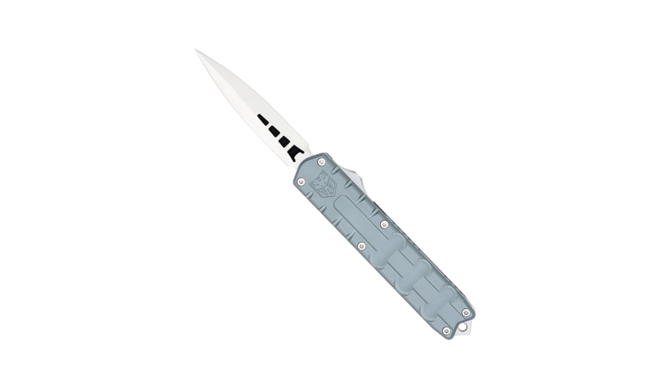 CobraTec Knives Large Enforcer OTF Automatic Folding Knife, 3.25in, M390 Steel, Dagger Non-Serrated, Grey Handle, CTEGRYM390DAGNS
