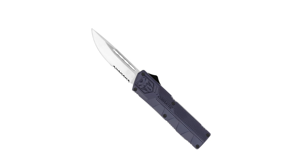 CobraTec Knives Lightweight OTF Knife, 3.25in, D2 Steel, Drop Serrated, NYPD Blue Handle, NYCTLWDS