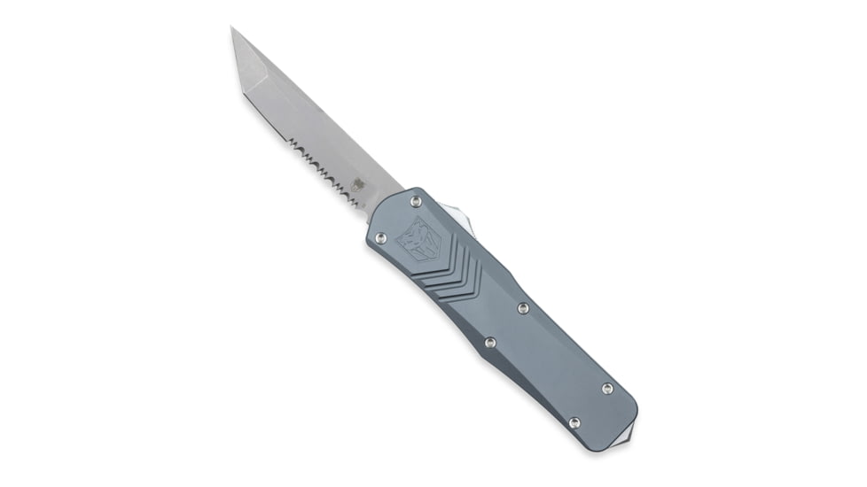 CobraTec Knives FS-X Medium Gen II OTF Automatic Folding Knife, 3in, Stonewashed D2 Steel Blade, Tanto Serrated Blade, Grey Handle, MGRYFS-XGEN2TS