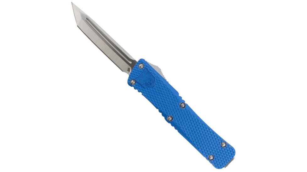 CobraTec Knives Mini Mamba Automatic Folding Knife, 2.25 in, D2 Steel Blade, Tanto Plain Blade, Blue Aluminum Handle, MKBLUMTNS