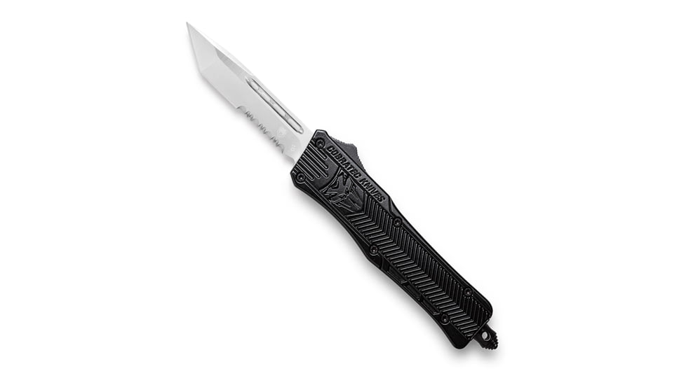 CobraTec Knives CTK-1 Small OTF Automatic Folding Knife, 2.75in, D2 Steel, Tanto Serrated Blade, Black Handle, SBCTK-1STS
