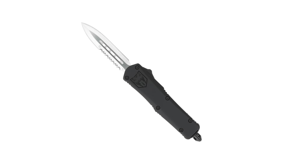 CobraTec Knives FS-3 Small OTF Automatic Folding Knife, 2.75in, D2 Steel, Dagger 1 Side Serrated Blade, Black Handle, SBFS-3DAG1SS