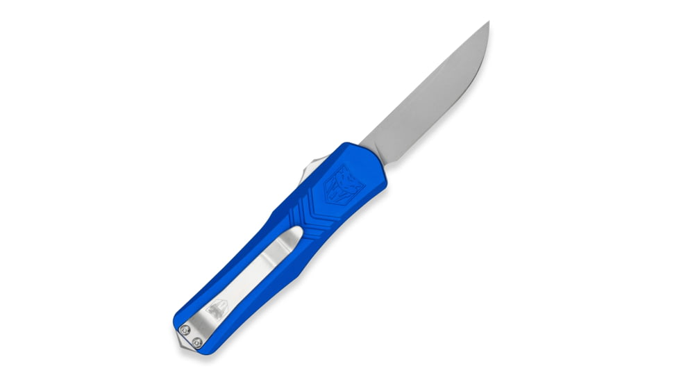 CobraTec Knives FS-X Small Gen II OTF Knife, Automatic Folding Knife, 2.75in, Stonewashed D2 Steel, Drop Point Non-Serrated Blade, Aircraft Aluminum, Blue Handle, SBLUFS-XGEN2DNS
