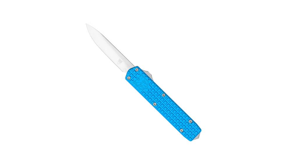 CobraTec Knives Small Warrior OTF Knife, 2.25in, M390 Drop Non-Serrated Blade, Blue Handle, SCTWBLUM390DNS