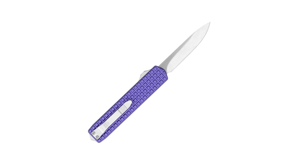 CobraTec Knives Small Warrior OTF Knife, 2.25in, M390 Drop Non-Serrated Blade, Purple Handle, SCTWPURM390DNS
