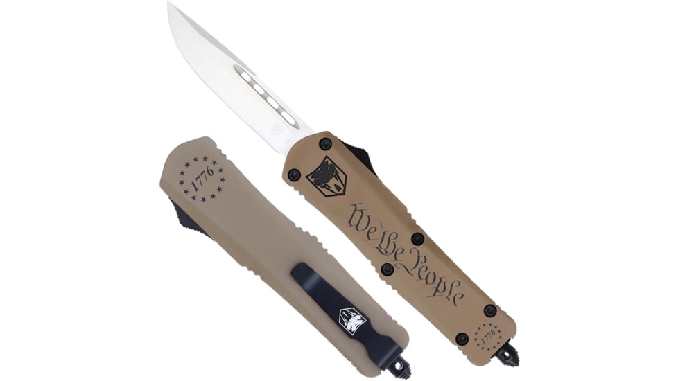 CobraTec Knives FS-3 Small OTF Automatic Folding Knife, 2.75in, D2 Steel Blade, Drop Point Plain Blade, Tan Aluminum Handle, SWTPFS3DNS