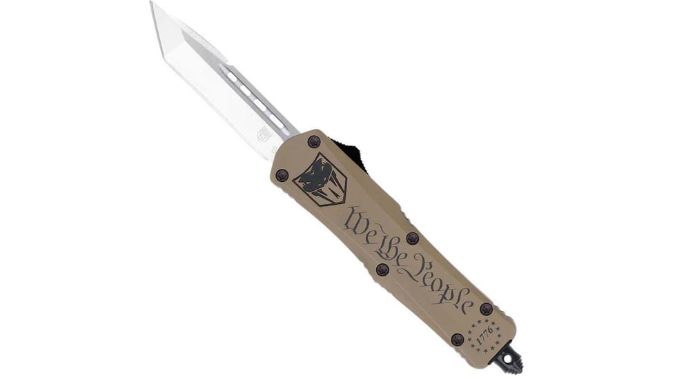 CobraTec Knives FS-3 Small OTF Automatic Folding Knife, 2.75in, D2 Steel Blade, Tanto Plain Blade, Tan Aluminum Handle, SWTPFS3TNS