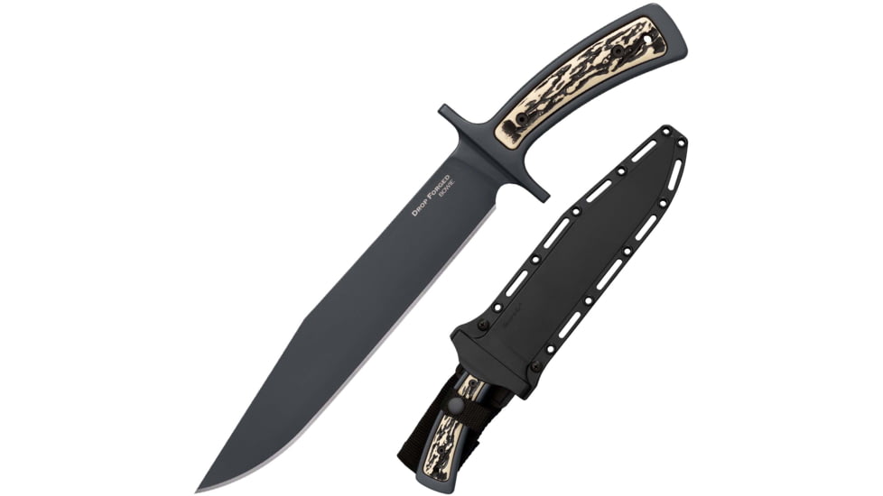 Cold Steel Drop Forged Bowie Fixed Blade Knife, 9.5in, 52100 High Carbon Steel, Fixed Plain Bowie Black Blade, Black &amp; Ivory Faux Stag Handle, CS-36MK