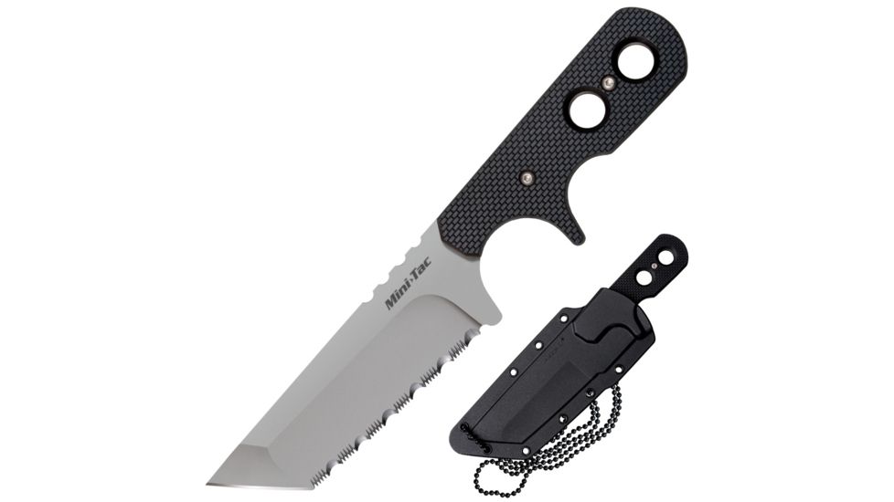 Cold Steel Mini Tac 6.5in Tanto Fixed Blade Neck Knife, Serrated, Japanese AUS8A Stainless Blade, Griv-Ex Handle, CS-49HTFS