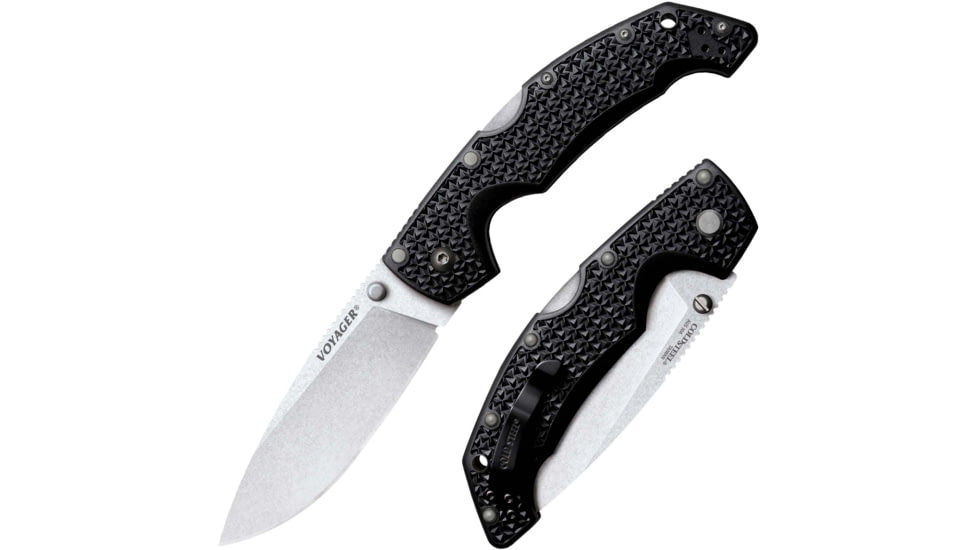 Cold Steel Voyager Large Folding Knife, 4in, AUS 10A Steel Blade, Folding Plain Drop Point Stone Washed Blade, Black Textured Griv-Ex Handle, CS-29AB