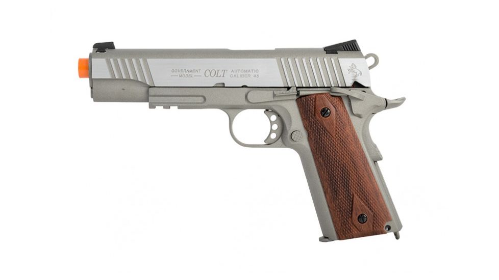 1911 Rail Gun CO2 Blowback, Full Metal, Silver w/Wood Colored Grip