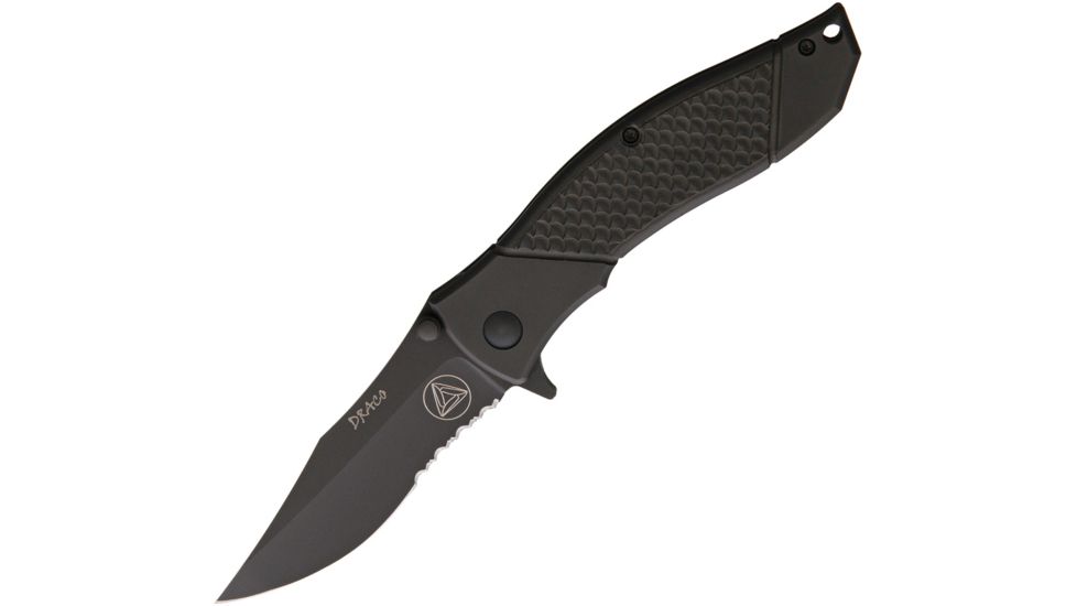 Combative Edge Draco A/O Black Part Serr Folding Knife,3.5in,Stainless Steel,Partially Serrated,Matte Black,Titanium Handle CBE00445