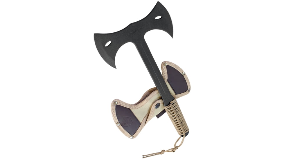 Condor Tool and Knife Throwing Axe Double Bit Canvas, 13.5in Overall, 3.5in Cutting Edge, 7in Black Powder Coated 1065 Carbon Steel Axe Head, Tan Cord Wrapped Handle, Tan, CTK1402-1.4