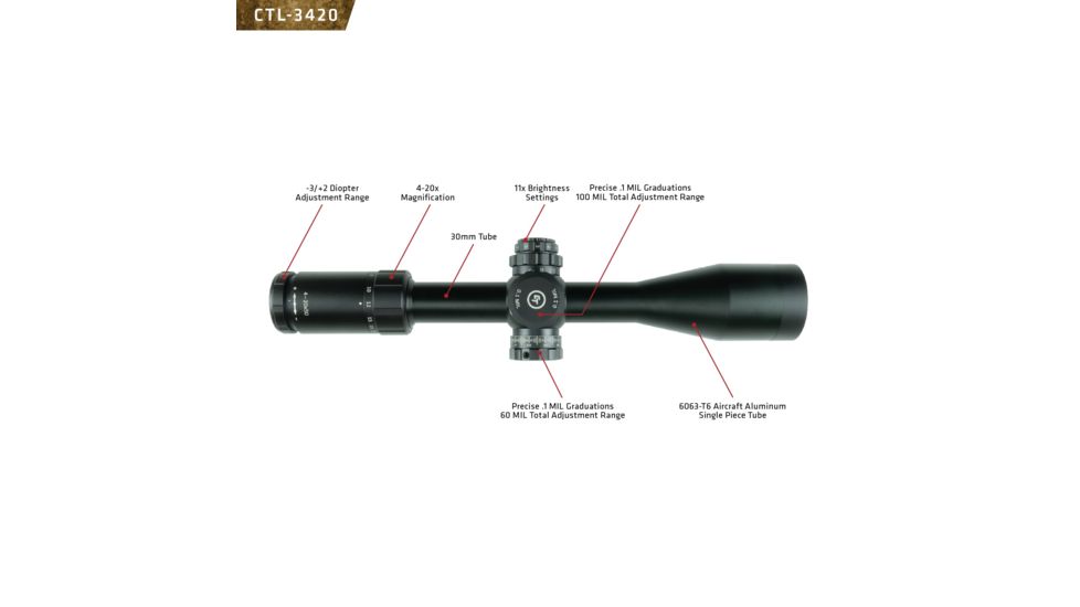 Crimson Trace 3 Series Tactical Rifle Scope, 4-20x50mm, FFP, 30mm Tube, LR1-MIL Illuminated Reticle, Black CTL-3420