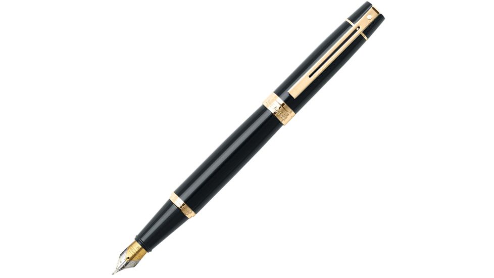 Cross Sheaffer 300 Glossy Black Fountain Pen w/ Medium Nib and Gold Tone Appointments, Black E0932553