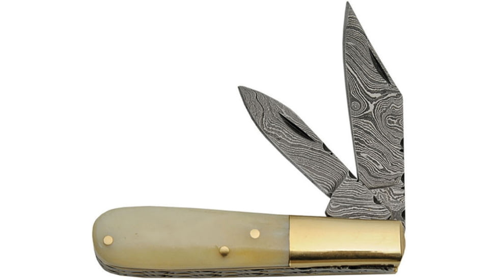 Damascus Barlow White Bone Folding Knife, Damascus Steel Clip And Pen Blades, White Smooth Bone, DM-1206