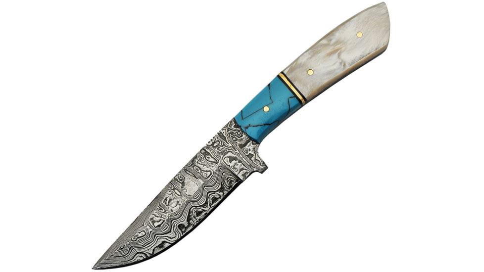 Damascus Hunter Blue Pearl Knife, 4 Damascus steel blade, Synthetic pearl and turquoise handle, DM-1230