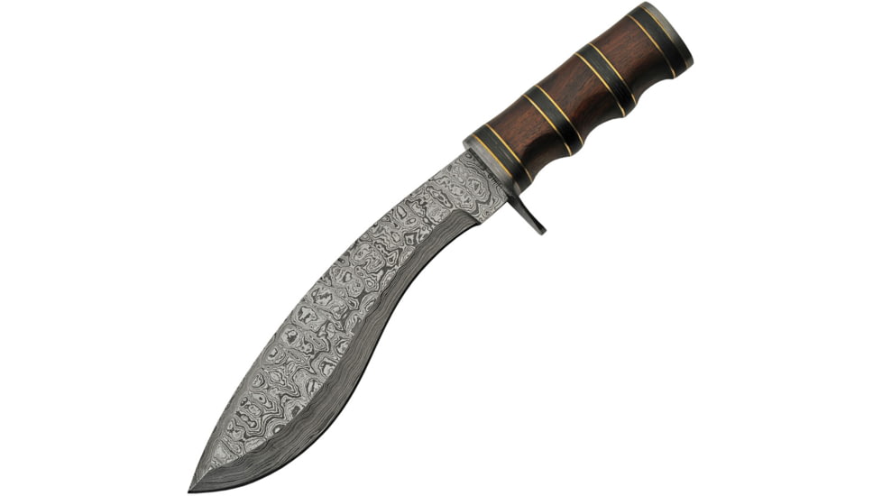 Damascus Kukri Bowie Rosewood Knife, 8 Damascus steel blade, Rosewood and black pakkawood finger grooved handle, DM-1261