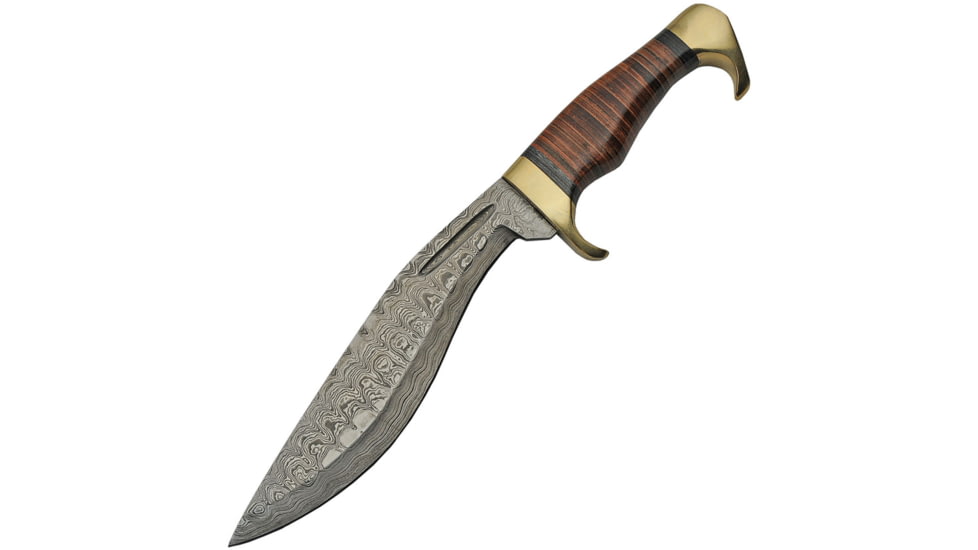 Damascus Kukri Stacked Leather Knife, 8 Damascus steel kukri blade, Stacked leather handle, DM-1232