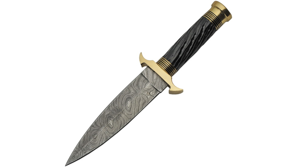 Damascus Twisted Horn Dagger Knife, Black and brass spacers, 6 double edge Damascus steel dagger blade, Sculpted horn handle, DM-1236BK