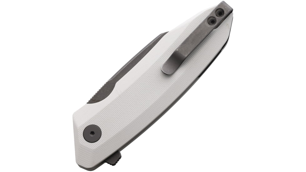 Damned Designs Wraith White G10 Tumbled Folding Knife, 4.75in Closed, 3.25in Tumbled 14C28N Sandvik Stainless Blade, White G10 Handle, WRAITH-WHT-G10-14C28N-SW