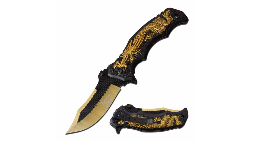 Dark Side Blades DS-A058GD Spring Assisted Knife, 3.5in, 3CR13 Stainless Steel, Clip Point, Golden/Black Blade, Aluminum Handle, Black/Gold, DS-A058GD
