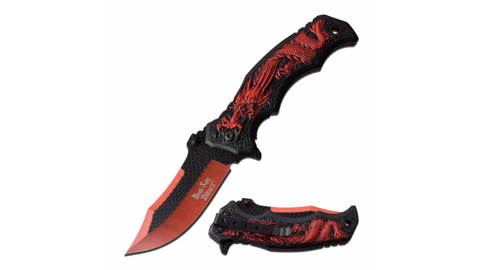 Dark Side Blades DS-A058RD Spring Assisted Knife, 3.5in, 3CR13 Stainless Steel, Clip Point, Red/Black Blade, Aluminum Handle, Black/Red, DS-A058RD