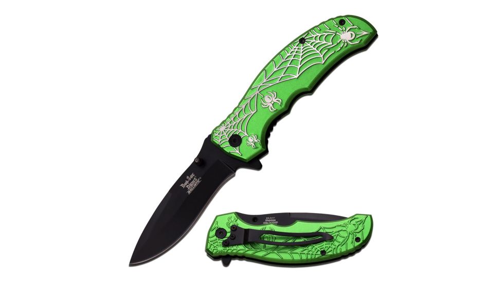 Dark Side Blades Folding Blade, 3.5in, Stainless Steel Blade, Green Aluminum With Spider Web Design On Handle DS-A047GN