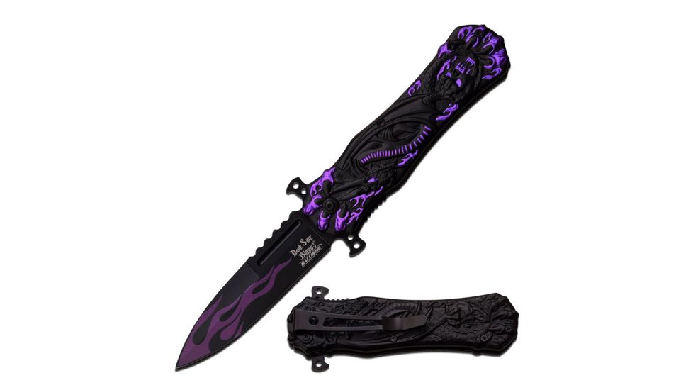 Dark Side Blades Folding Blade, 3.5in, Stainless Steel Blade, Two-Tone Black Dragon And Purple Flames Aluminum Handle DS-A049PE