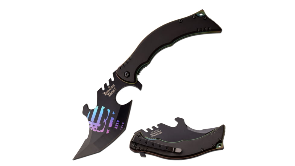 Dark Side Blades Spring Assisted Knife, 4 in, 3Cr13 Stainless Steel Stainless Steel, Cleaver, Black/Blue, DS-A087RB